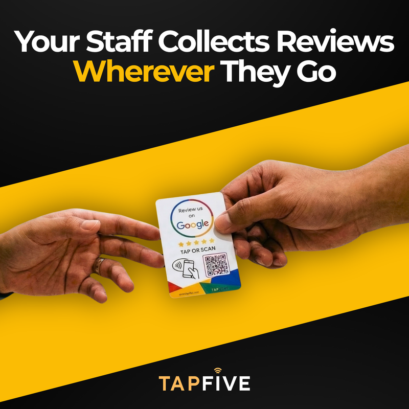 TapFive Google Review Card - key features infographic showing NFC tap technology, no app required, 30 second setup, works with any Google Business listing - image 12