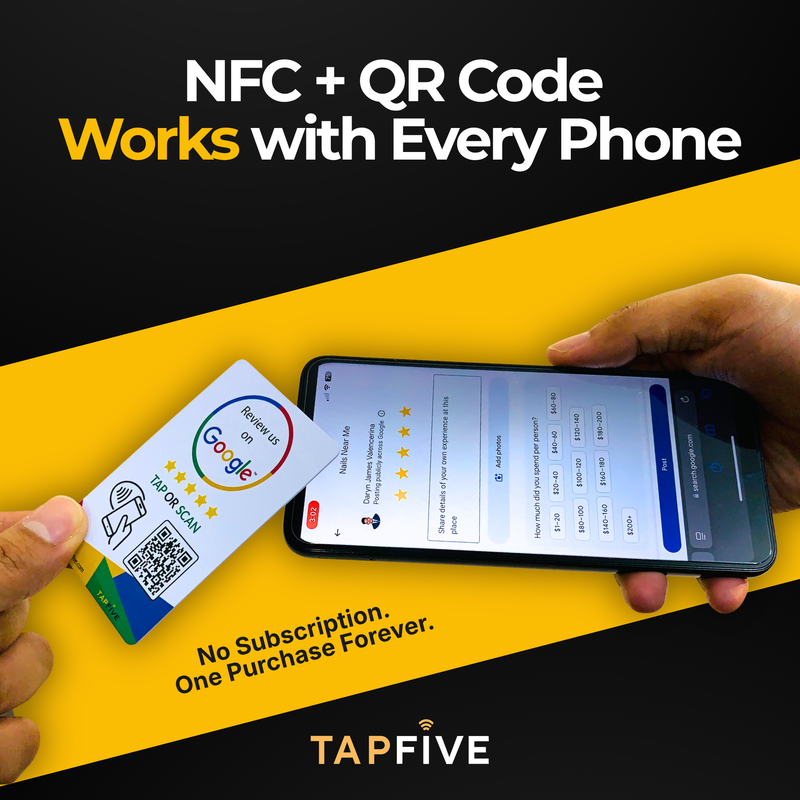 TapFive Google Review Card - how NFC tap-to-review technology works infographic, customer taps phone to card and Google review page opens instantly - image 13