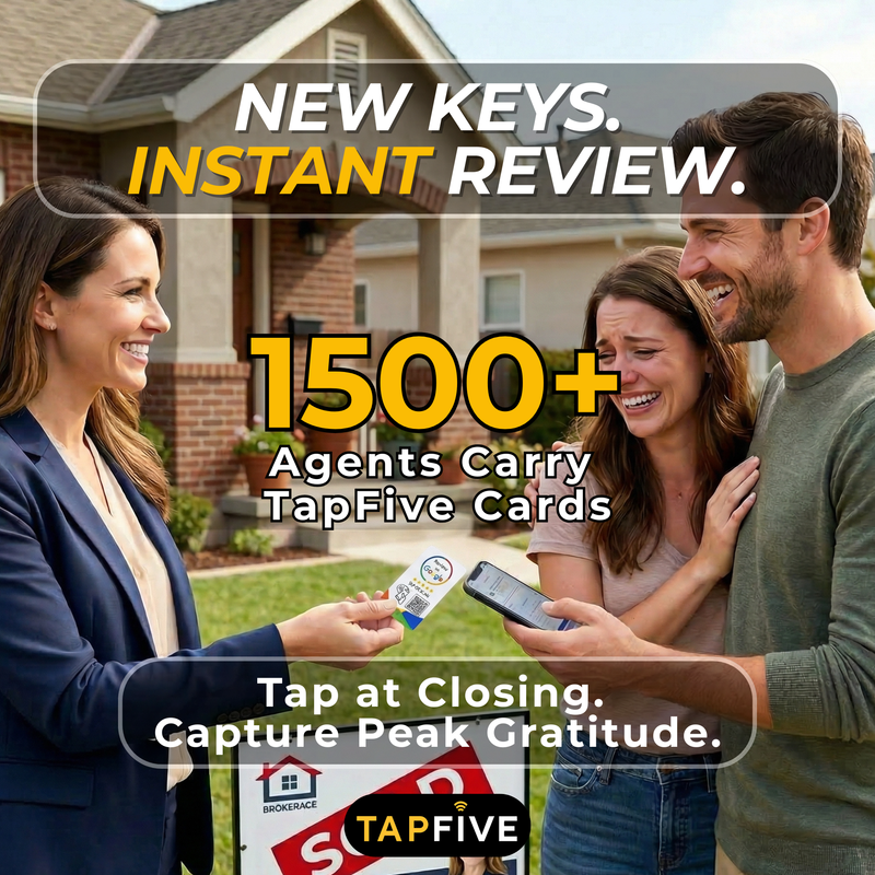 TapFive Google Review Card - real estate agent lifestyle photo, realtor giving review card to client at property, professional services use case - image 6