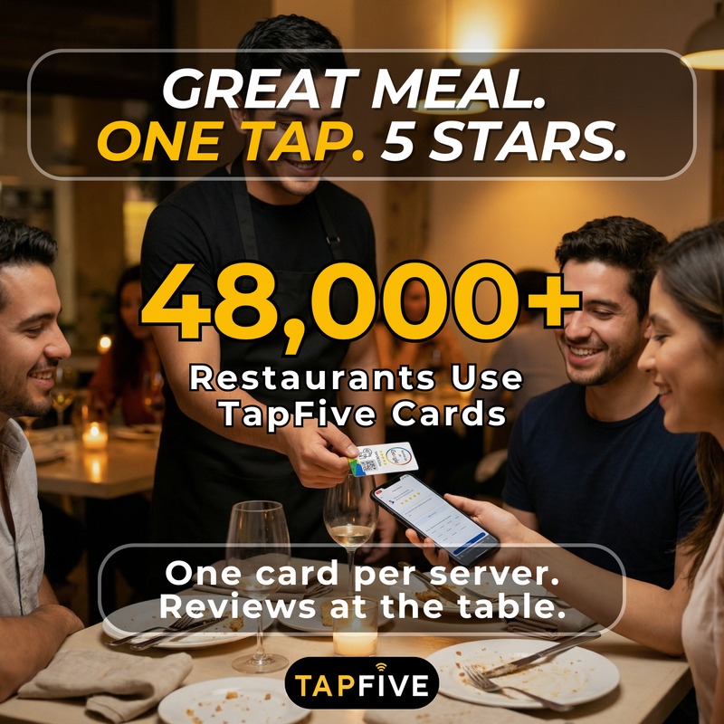 TapFive Google Review Card - restaurant lifestyle photo, review card presented with check at dining table, food and beverage use case - image 3