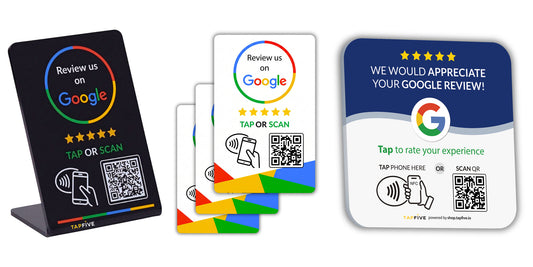 TapFive Location Kit — Google Review Stand, three Google Review Cards and a Google Review Plate