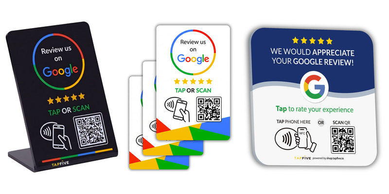 TapFive Location Kit — Google Review Stand, three Google Review Cards and a Google Review Plate